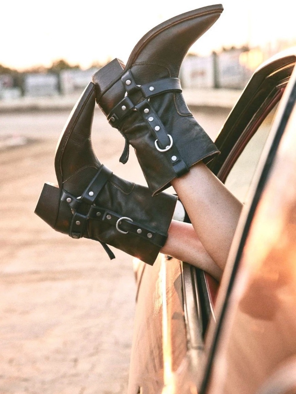 Free People We The Free Abroad Harness Boots Chocolate Pewter Pointy